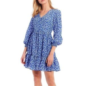 Eliza J Blue Floral Long Sleeve Fit and Flair Dress - Like New
